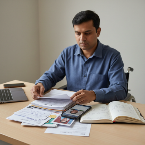 Man reviewing documents and evidence for filing a disability rights complaint in India under RPwD Act