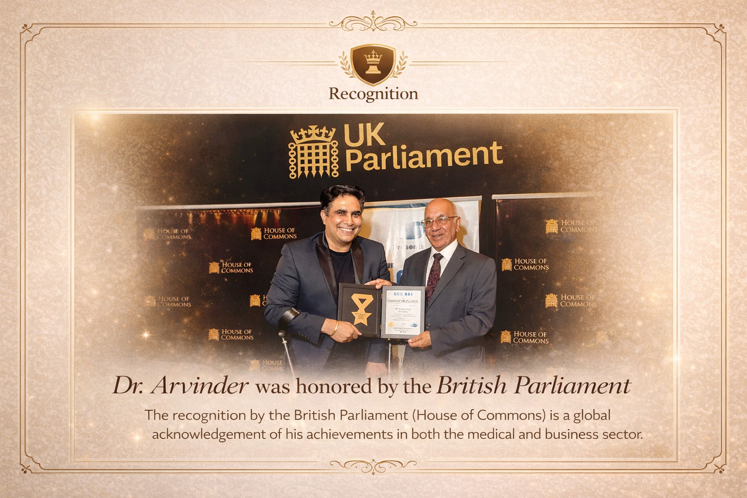 Dr. Arvinder Singh honoured by the UK Parliament